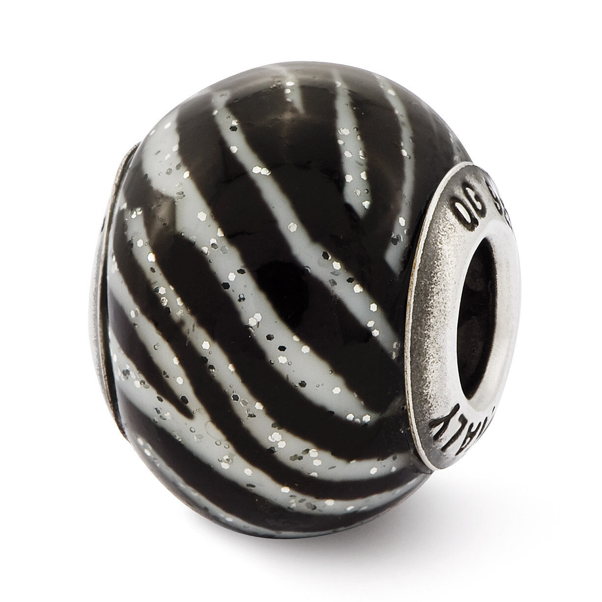 Black & White Stripes Glass Bead - Sterling Silver QRS2522