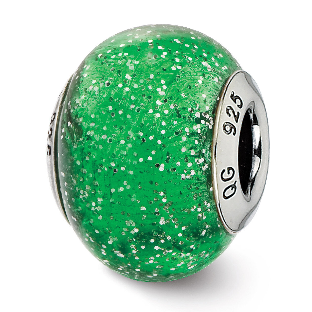 Green with Silver Glitter Glass Bead - Sterling Silver QRS2548