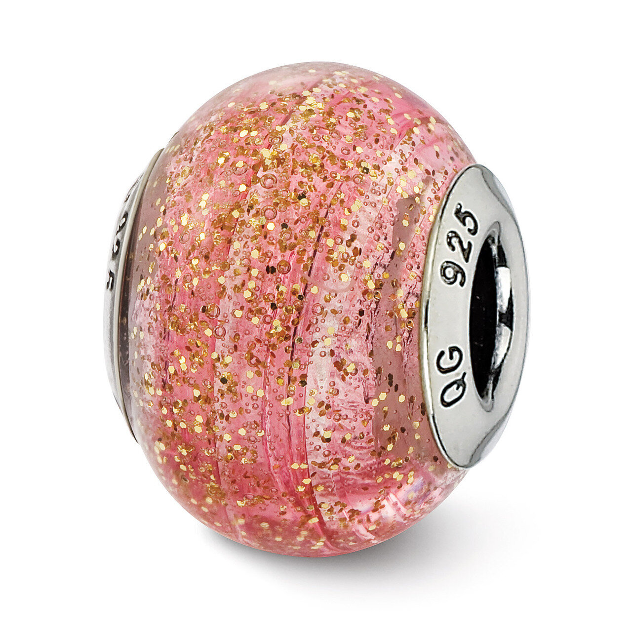 Pink with Gold Glitter Glass Bead - Sterling Silver QRS2562