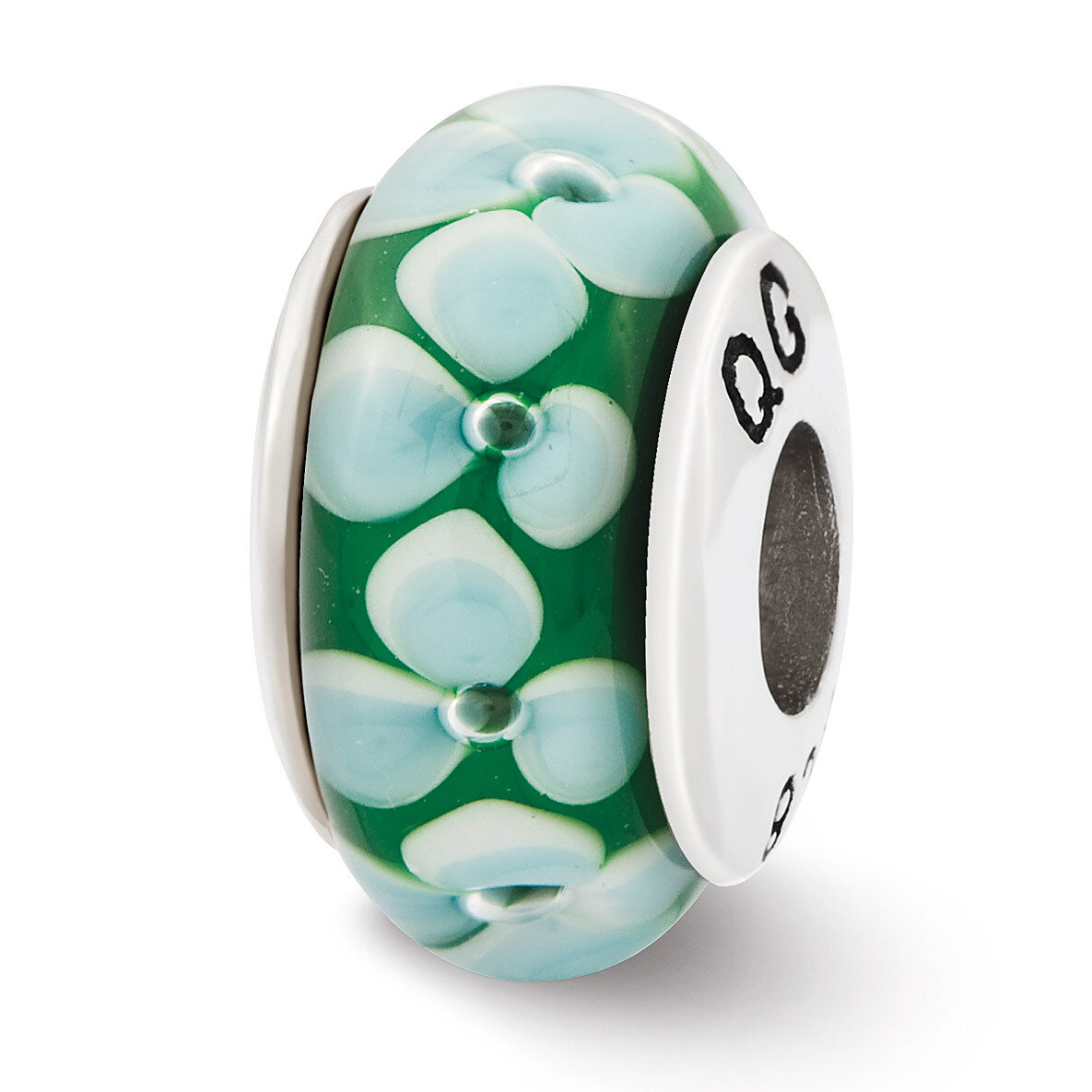 Teal Flowers Hand Blown Glass Bead - Sterling Silver QRS2628