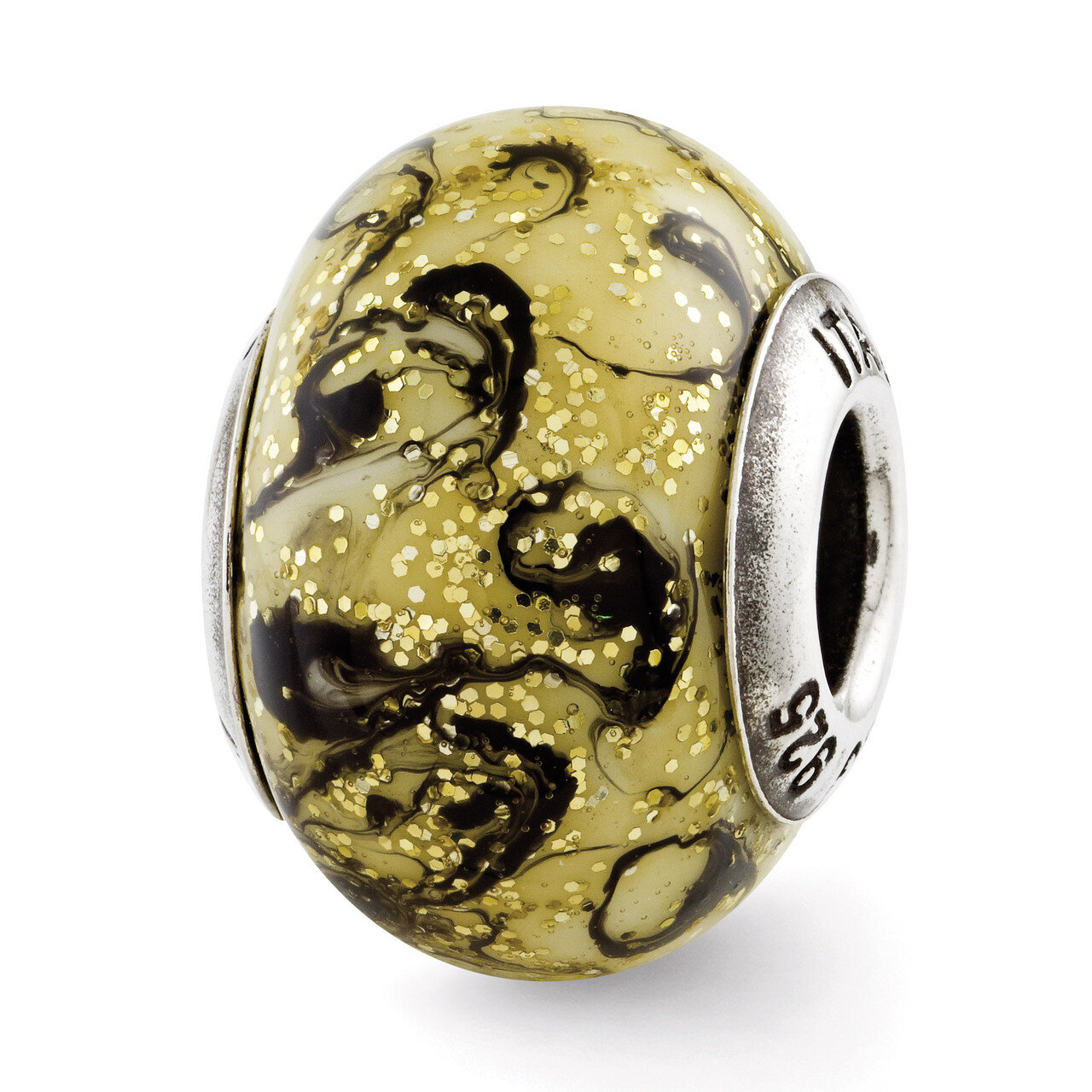 Yellow with Black Swirls Murano Bead - Sterling Silver QRS2853, MPN: QRS2853, 886774992631