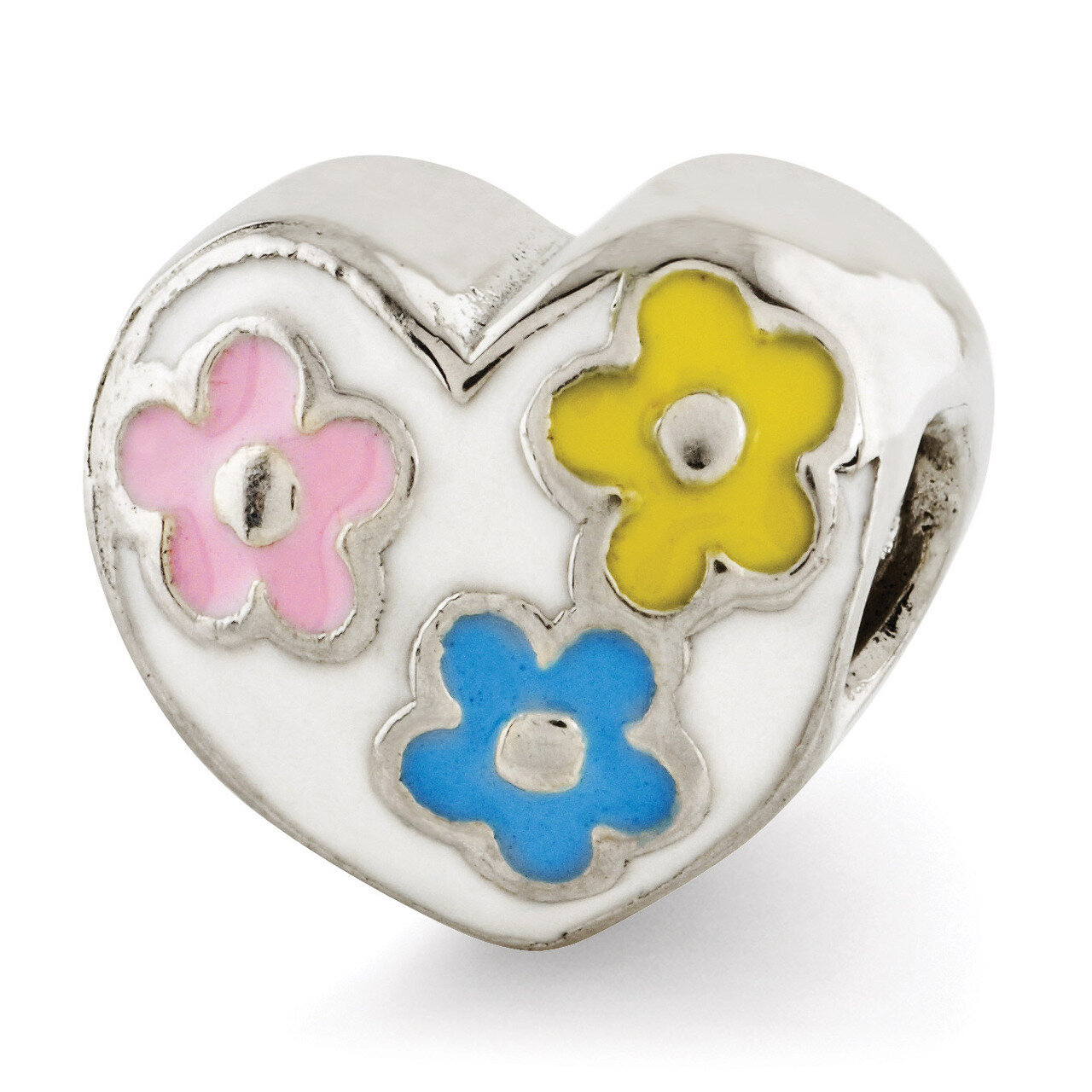 Enameled Heart with Flowers Bead - Sterling Silver QRS2933