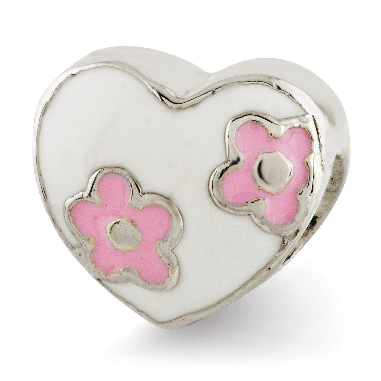 Enameled Heart with Pink Flowers Bead - Sterling Silver QRS2936, MPN: QRS2936, 883957440958