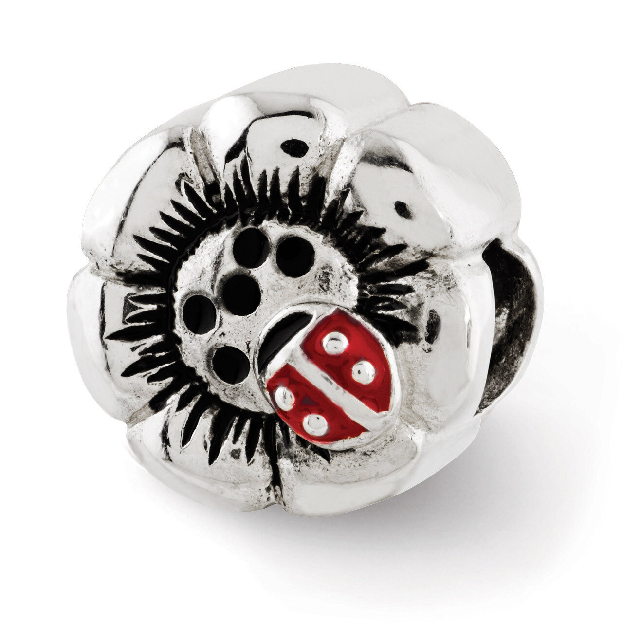 Flower with Enameled Ladybug Bead - Sterling Silver QRS2942