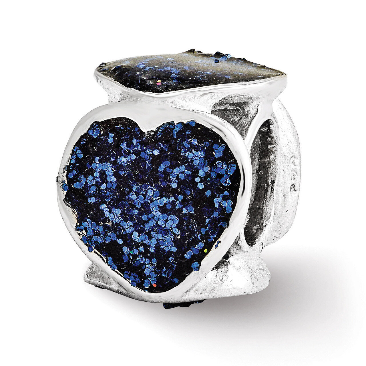 Blue Glitter Enameled Heart Bead - Sterling Silver QRS3340