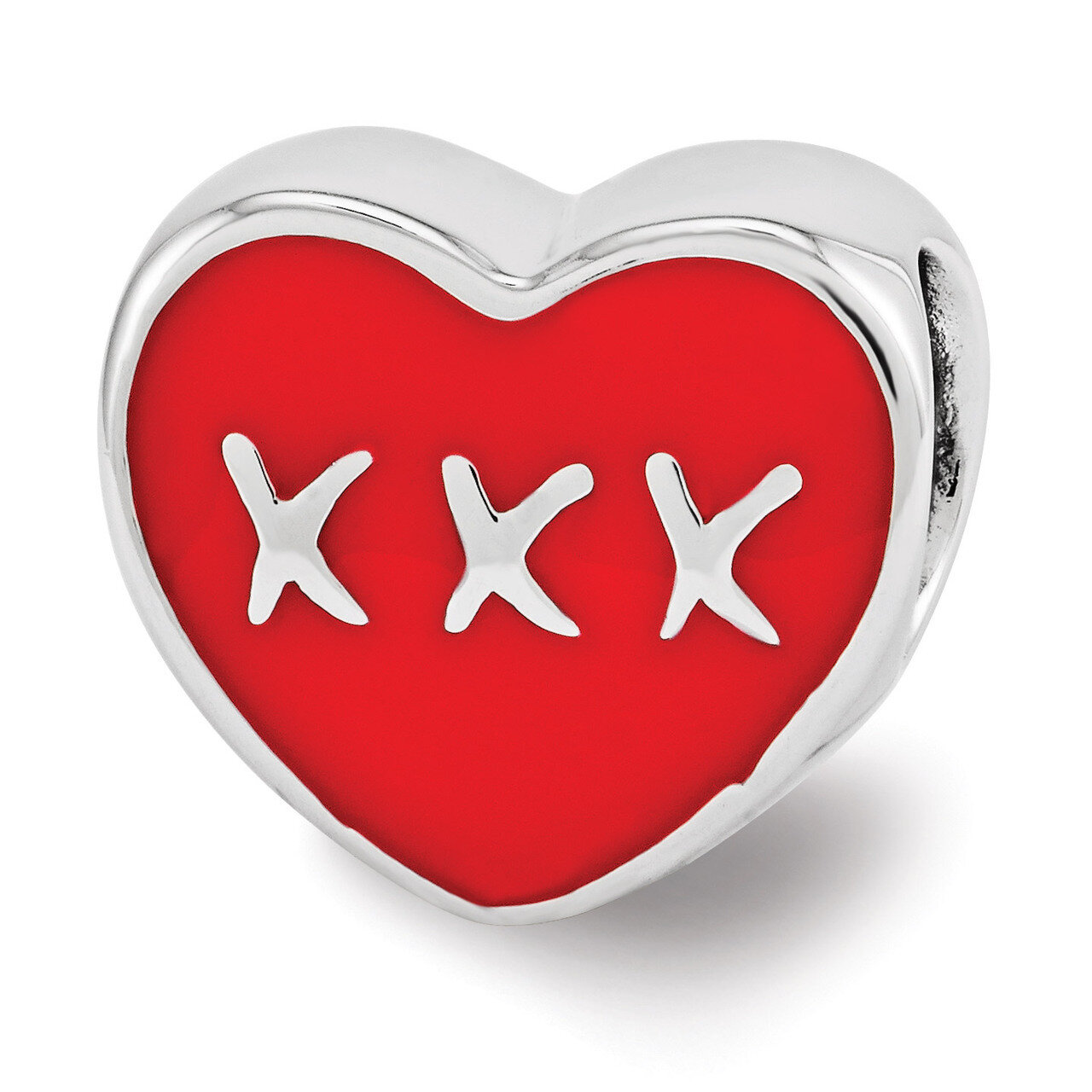 Red Enamel LOVE & XXX Heart Bead - Sterling Silver QRS3480