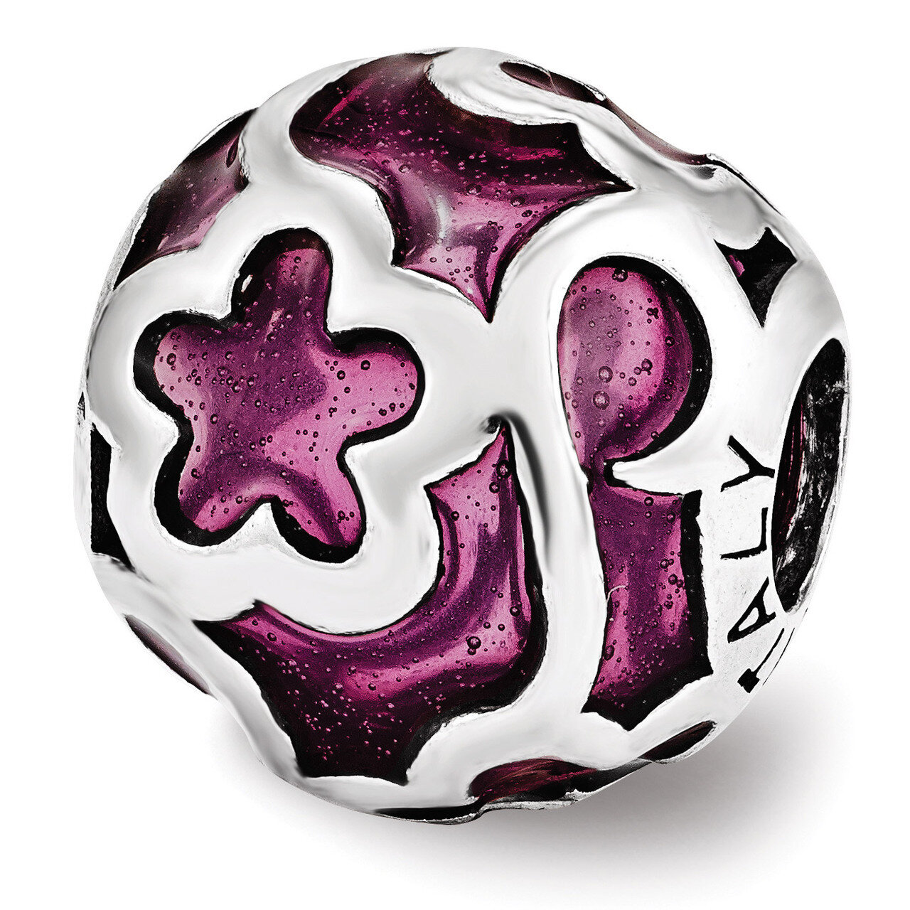 Purple Floral Enameled Bead - Sterling Silver QRS3564
