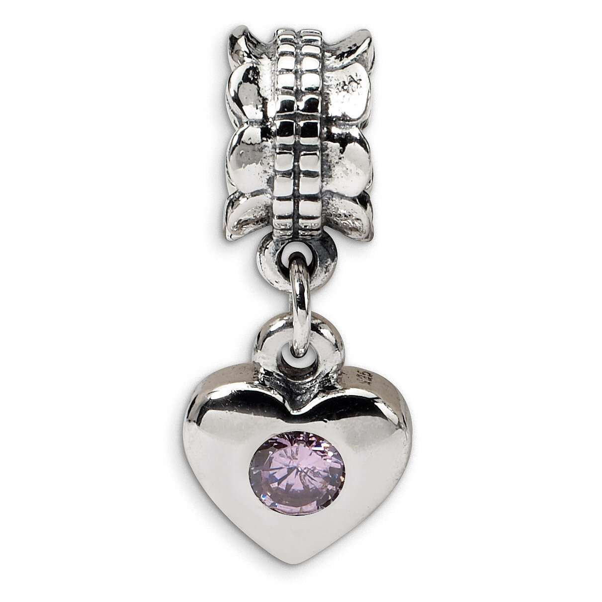 Pink Synthetic Diamond Heart Dangle Bead - Sterling Silver QRS548