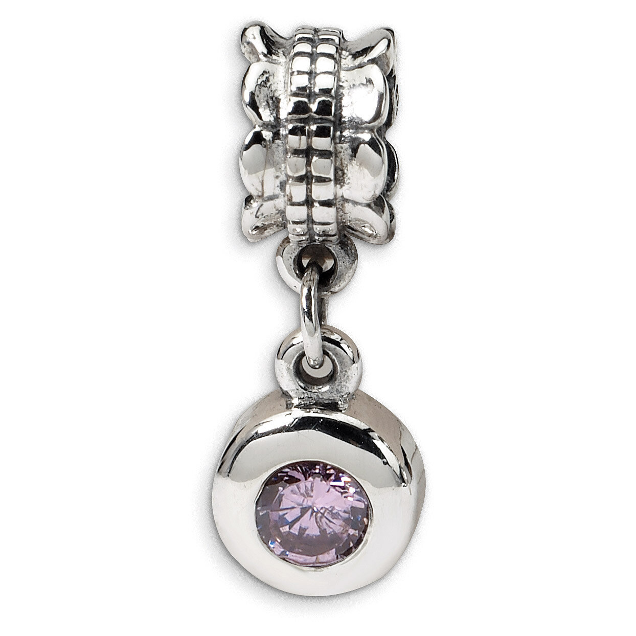 Pink Synthetic Diamond Round Dangle Bead - Sterling Silver QRS552