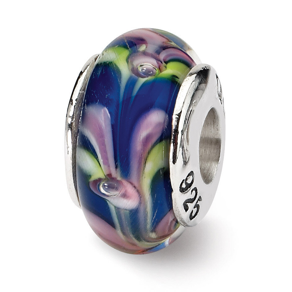 Blue Pink Hand-blown Glass Bead - Sterling Silver QRS605