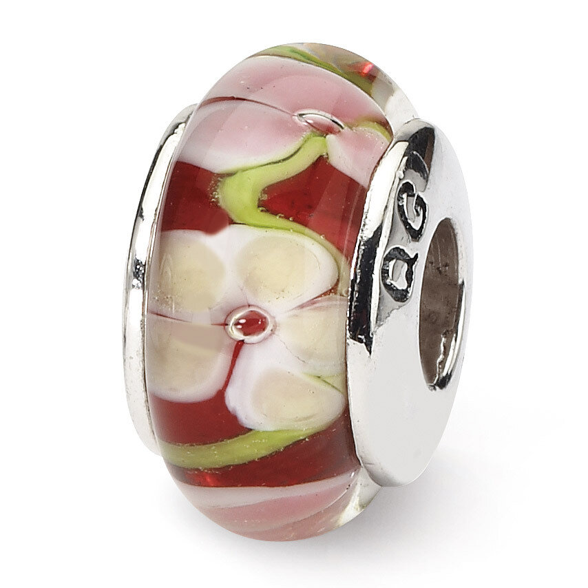 Red Floral Hand-blown Glass Bead - Sterling Silver QRS620