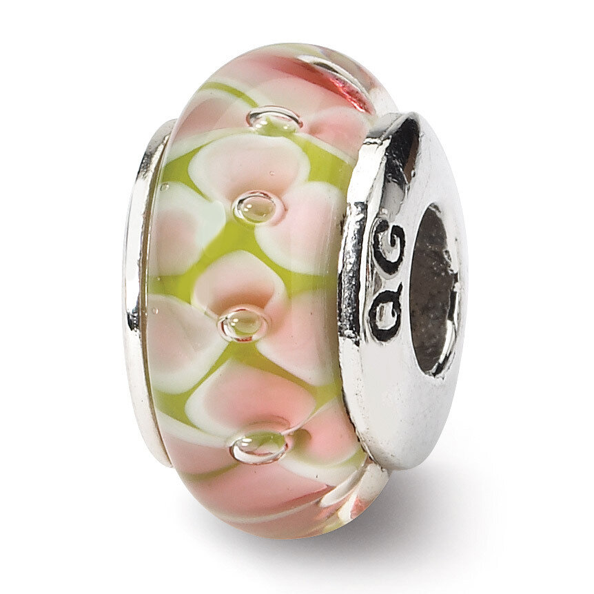 Pink Floral Hand-blown Glass Bead - Sterling Silver QRS627, MPN: QRS627, 883957725376