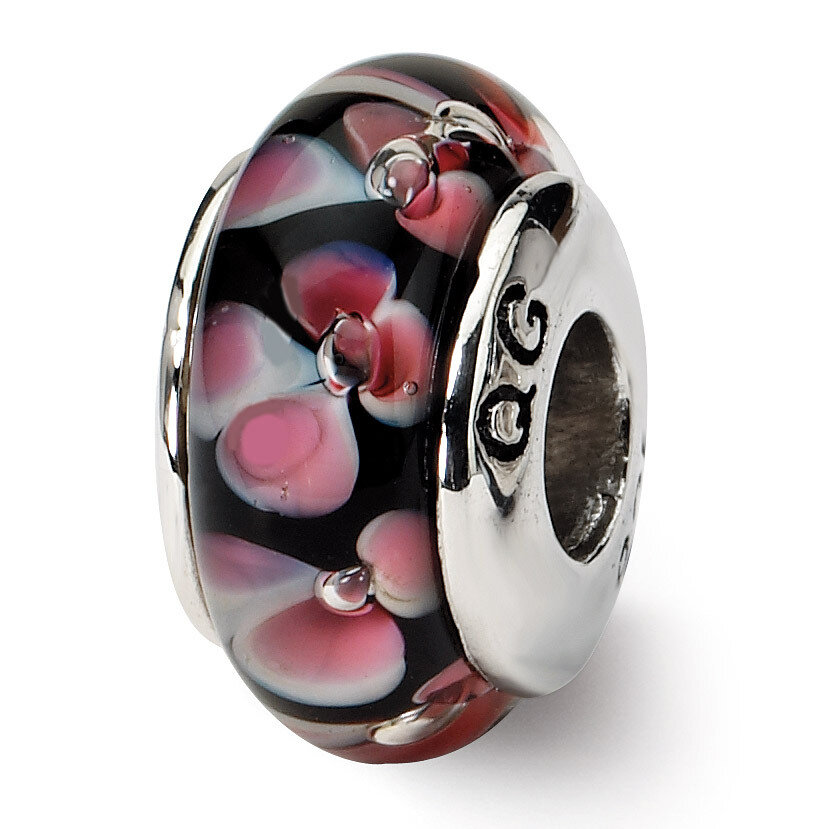 Black Pink Hand-blown Glass Bead - Sterling Silver QRS636