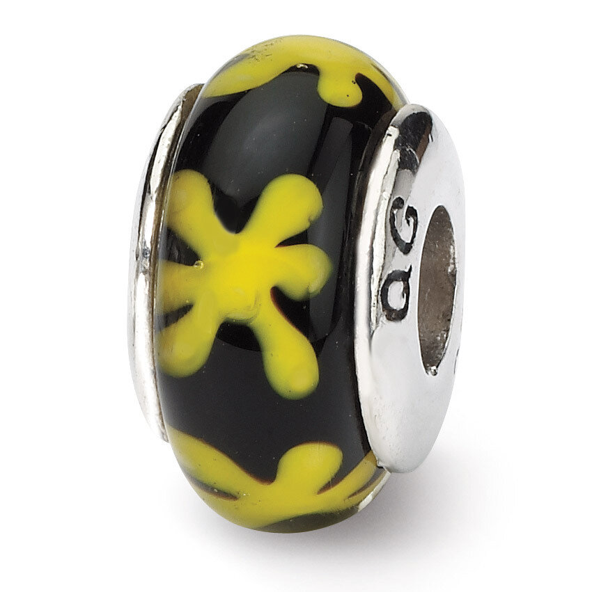 Yellow with Black Hand-blown Glass Bead - Sterling Silver QRS643