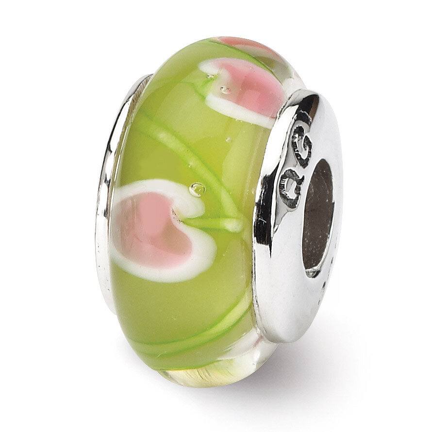 Green Pink Hand-blown Glass Bead - Sterling Silver QRS649