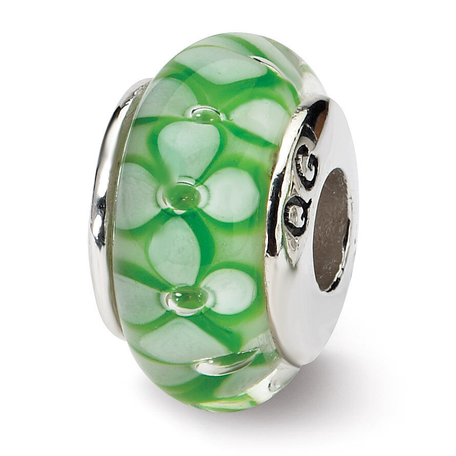 Green Floral Hand-blown Glass Bead - Sterling Silver QRS654