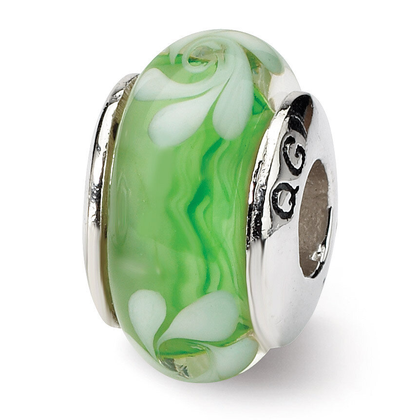Green White Hand-blown Glass Bead - Sterling Silver QRS655