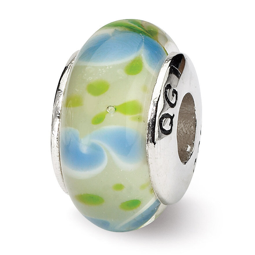 Green Blue Hand-blown Glass Bead - Sterling Silver QRS657