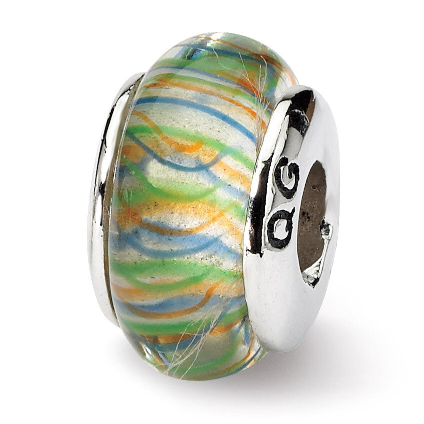 GreenPastel Striped Hand-blown Glass Bead - Sterling Silver QRS659