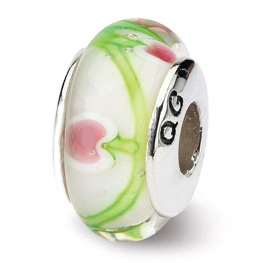 White Pink Green Hand-blown Glass Bead - Sterling Silver QRS665
