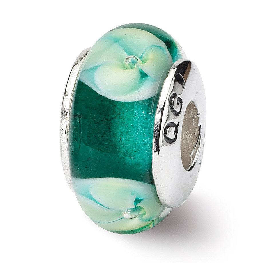 Blueish Green Floral Hand-blown Glass Bead - Sterling Silver QRS677
