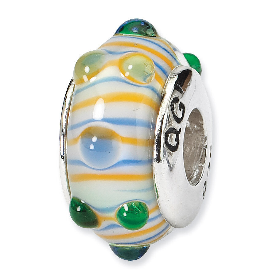 Blue Green Yellow Stripes Hand-blown Glass Bea - Sterling Silver QRS689