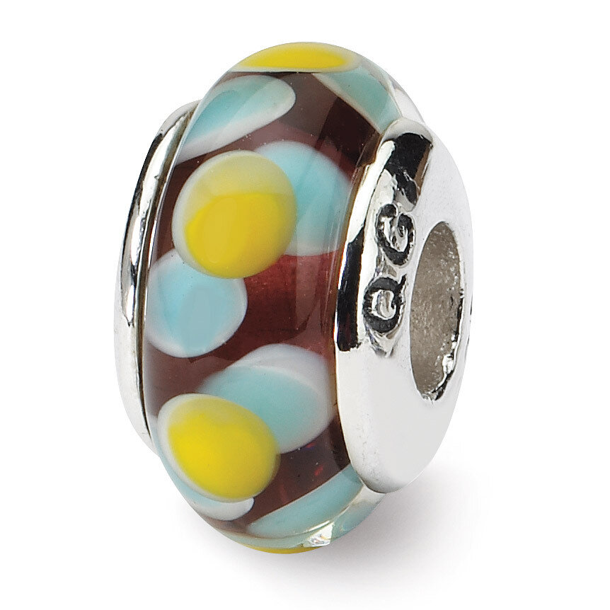 Brown Blue Yellow Hand-blown Glass Bead - Sterling Silver QRS694