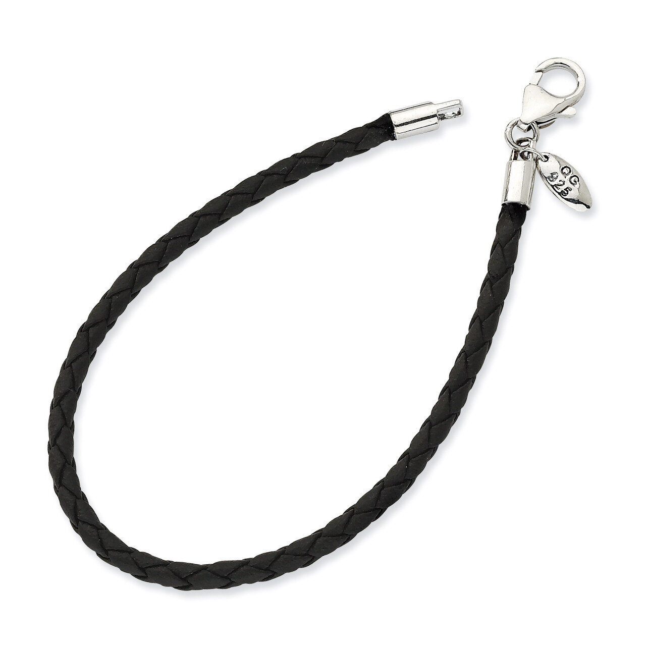 7 Inch Black Leather Bead Bracelet - Sterling Silver QRS983-7