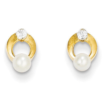 Synthetic Diamond &amp; 3mm Fresh Water Cultured Pearl Post Earrings - 14k Gold SE2370 by Madi K, MPN: …