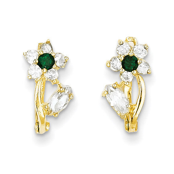 Synthetic Diamond May Birthstone Flower Hinged Hoop Earrings - 14k Gold SE2407 by Madi K, MPN: SE24…
