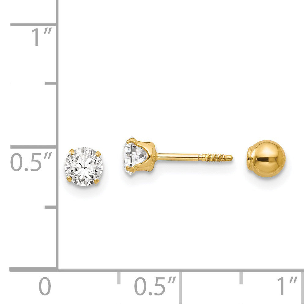 Polished Reversible Synthetic Diamond & 4mm Ball Earrings - 14k Gold SE269