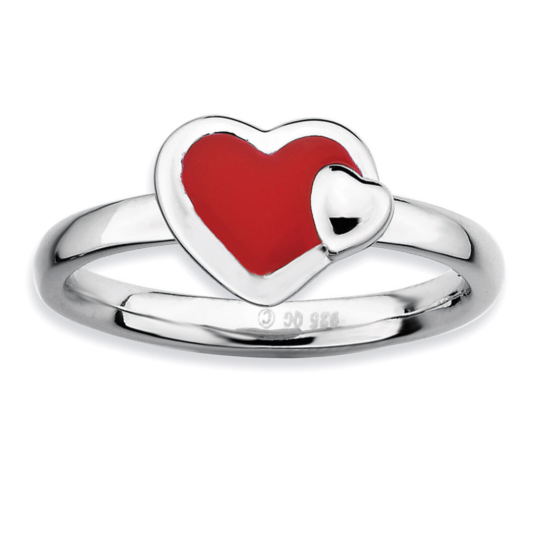 Red Enameled Heart Ring - Sterling Silver Polished QSK109