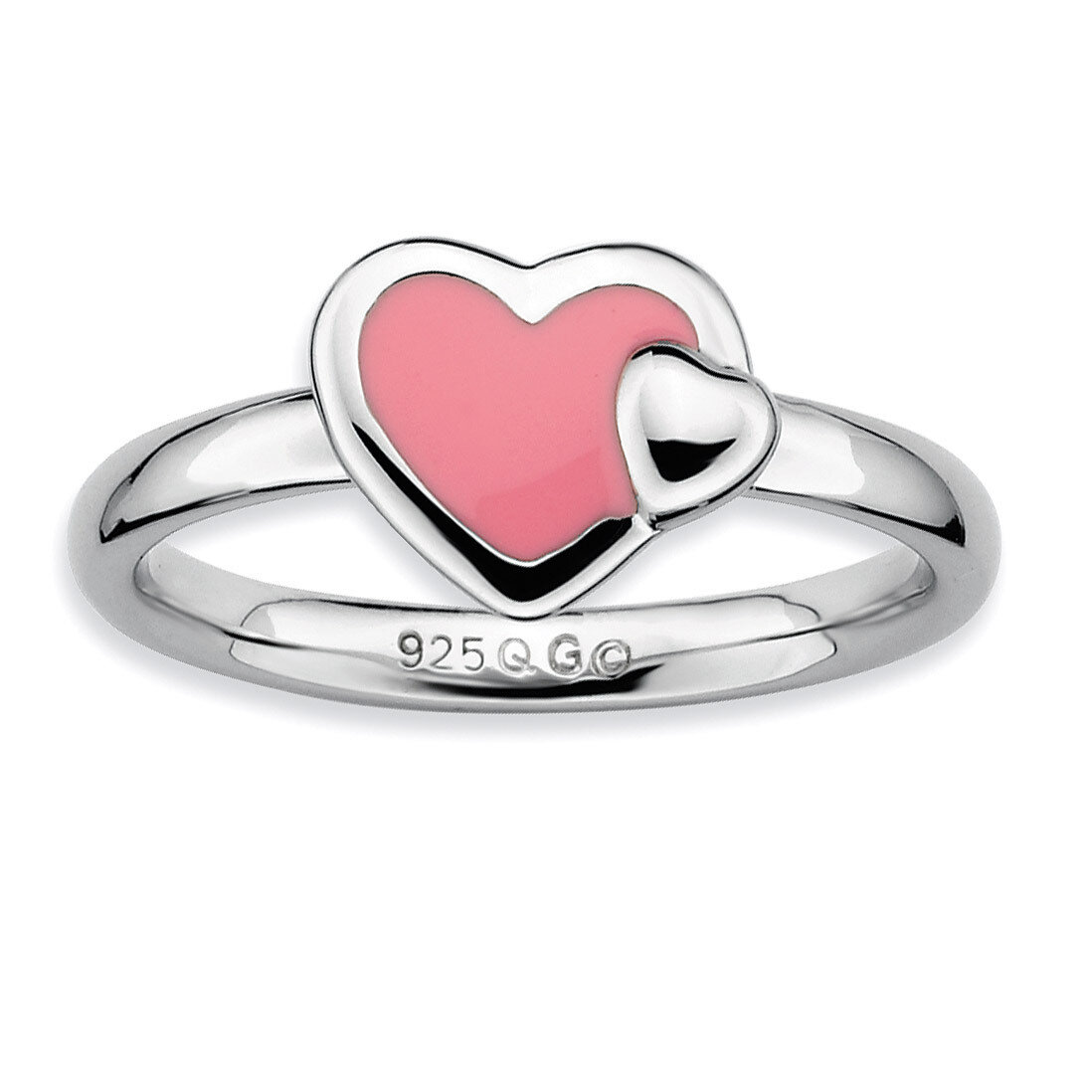 Pink Enameled Heart Ring - Sterling Silver Polished QSK110