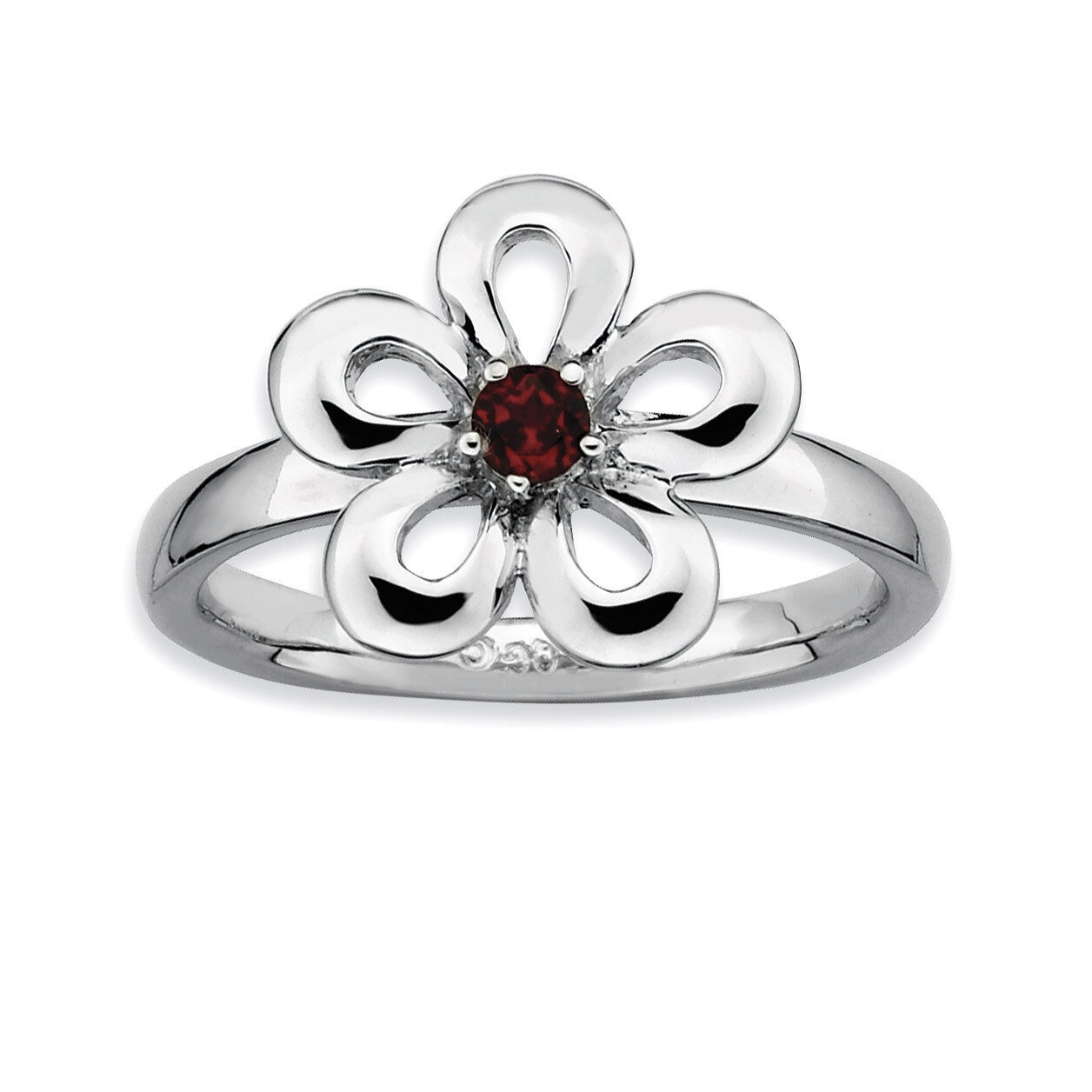 Garnet Flower Ring - Sterling Silver Polished QSK120