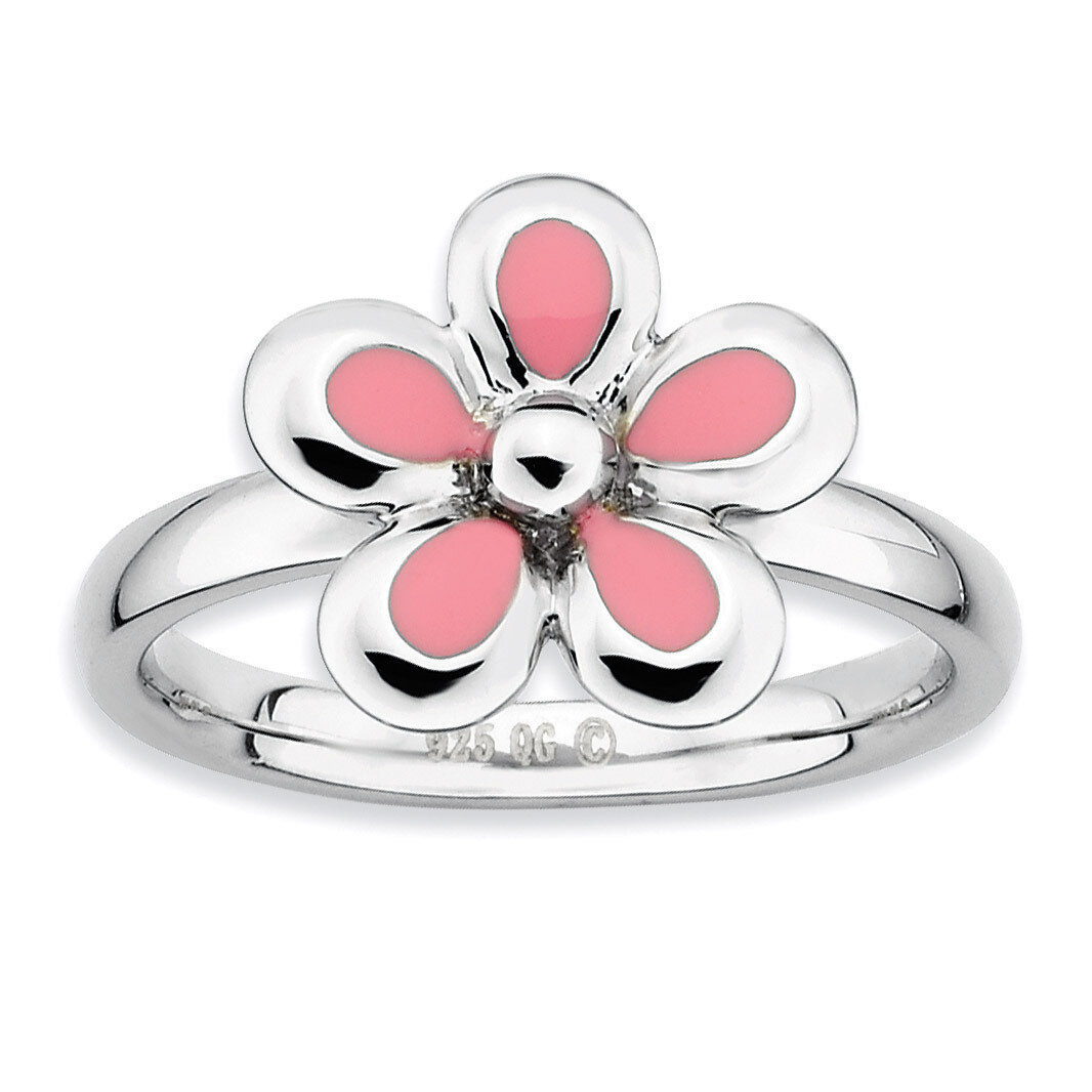 Pink Enameled Flower Ring - Sterling Silver Polished QSK121