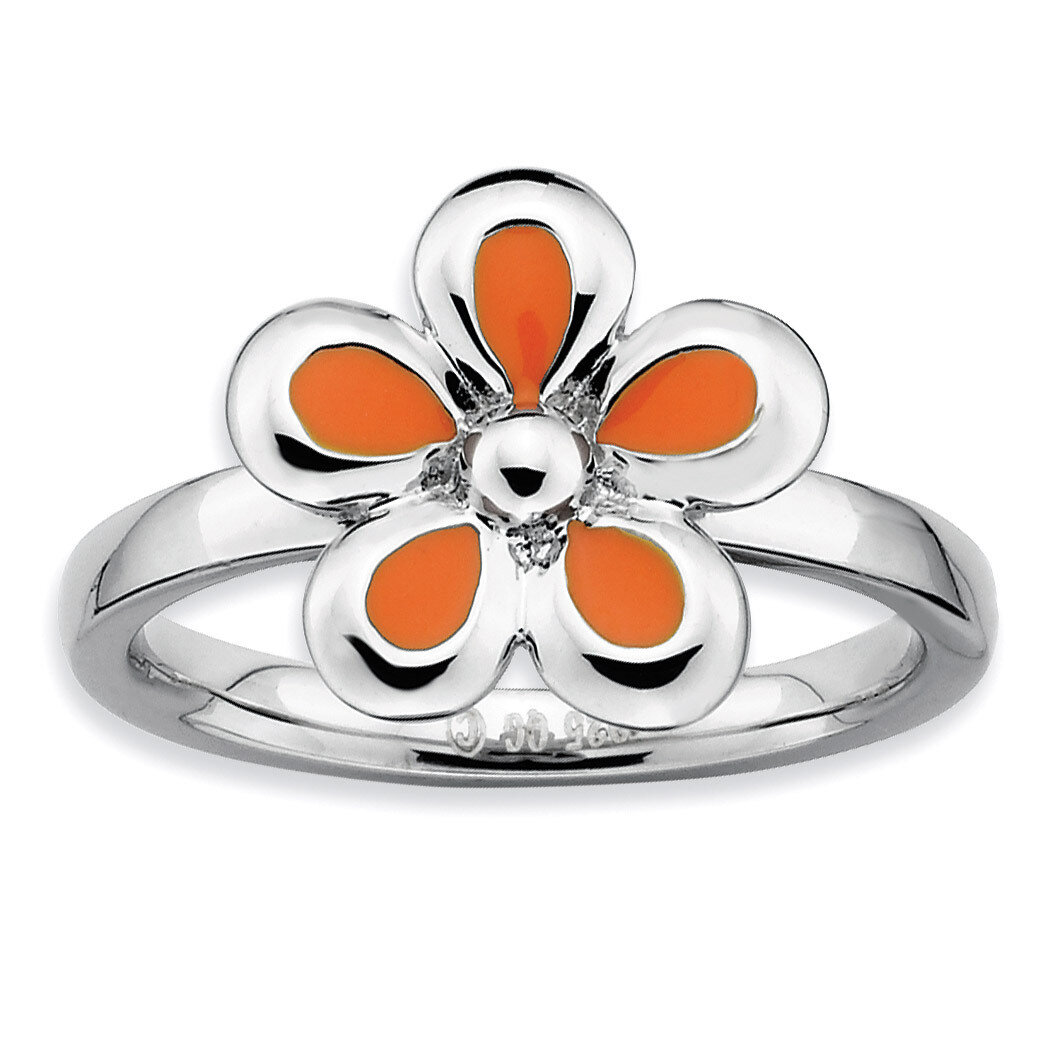 Orange Enameled Flower Ring - Sterling Silver Polished QSK123