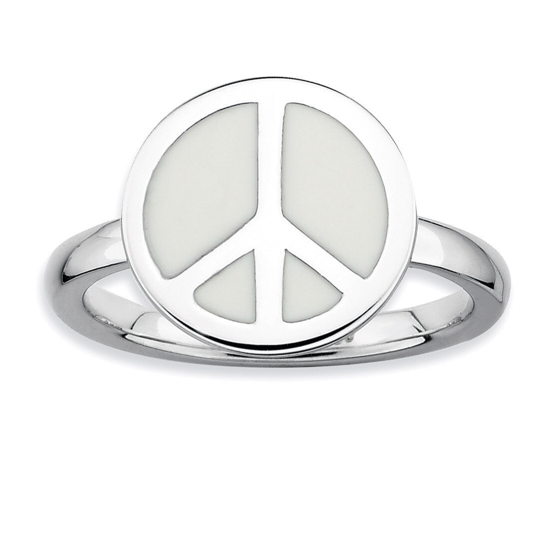 White Enameled Peace Sign Ring - Sterling Silver Polished QSK125, MPN: QSK125, 886774210414