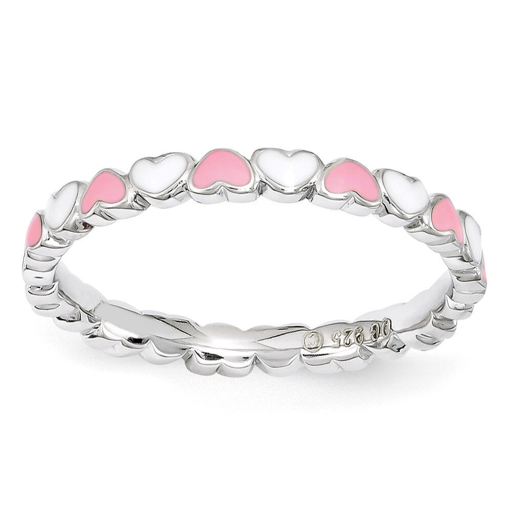 Pink & White Enamel Heart Ring - Sterling Silver QSK1496