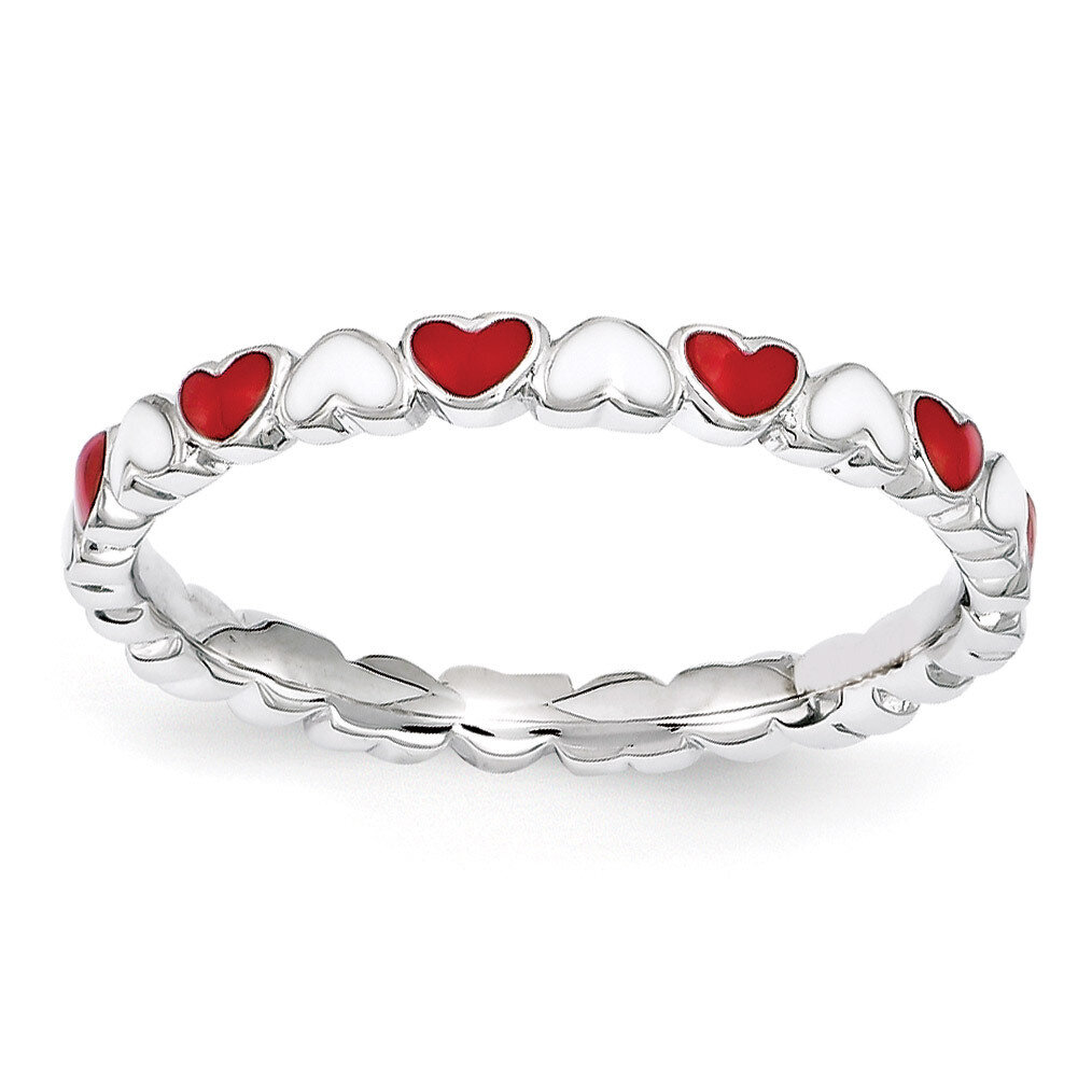 Red & White Enamel Heart Ring - Sterling Silver QSK1497