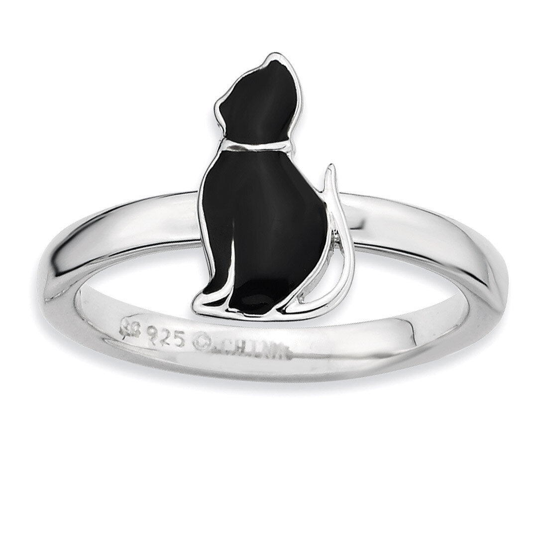 Black Enameled Cat Ring - Sterling Silver QSK558
