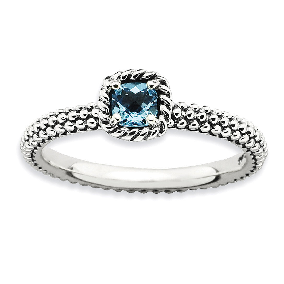 Checker-cut Blue Topaz Antiqued Ring - Sterling Silver QSK825