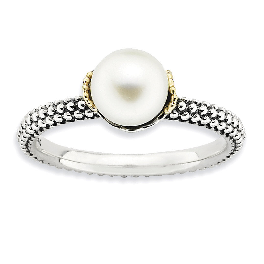 14k Gold 7.0-7.5mm White Fresh Water Cultured Pearl Ring - Sterling Silver QSK856