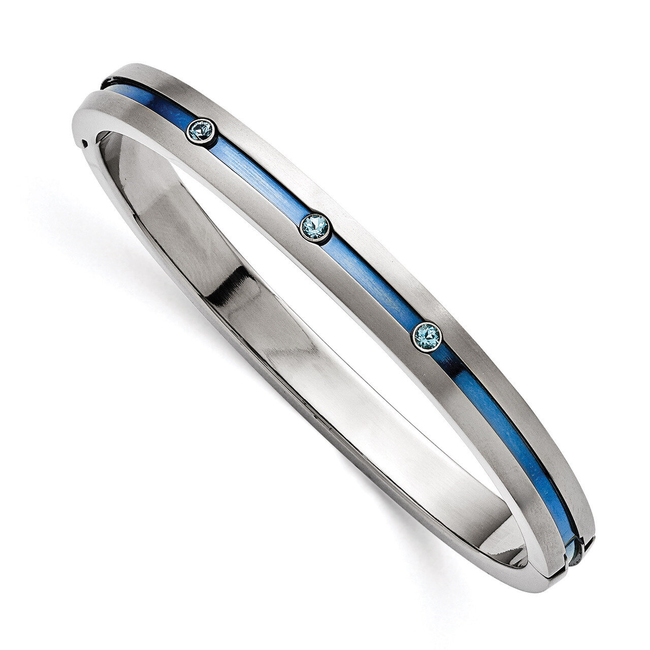 Edward Mirell Grey Titanium Brushed Blue Anodized Blue Topaz Hinged Bangle Bracelet EMB175