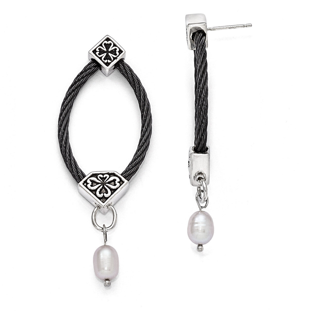 Edward Mirell Black Titanium & Sterling Silver FW Cultured Pearl Cable Drop Earrings EME101