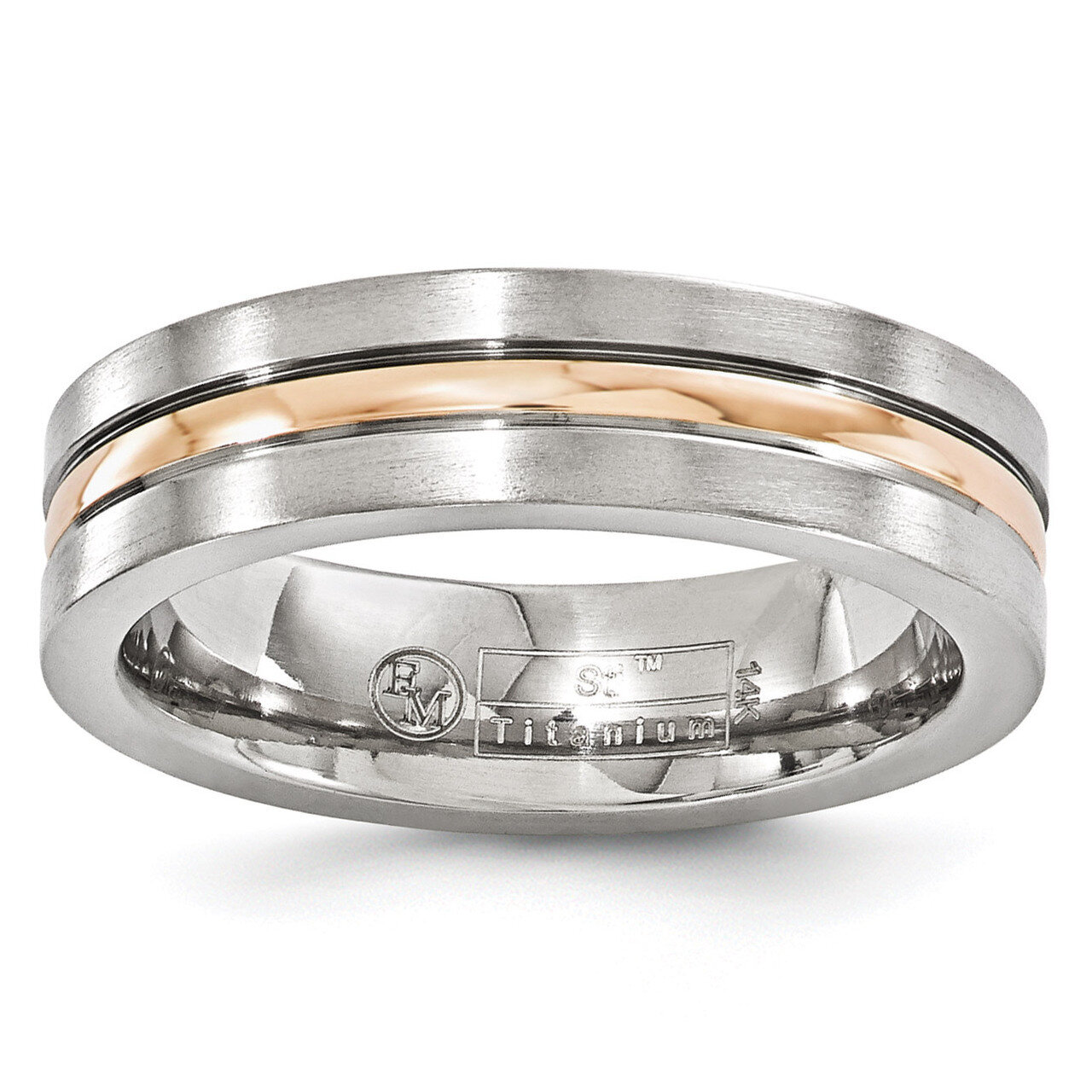 Edward Mirell Titanium and 14k Rose Gold Grooved 6mm Band EMR205