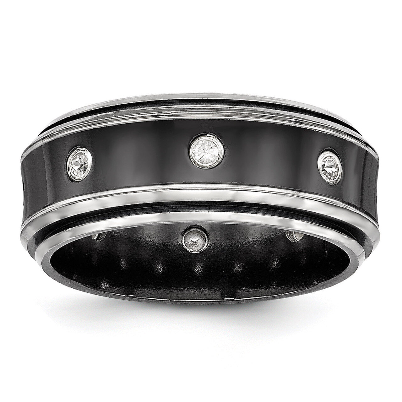 Edward Mirell Black Titanium & Titanium Polished White Sapphire Beveled Ring EMR279