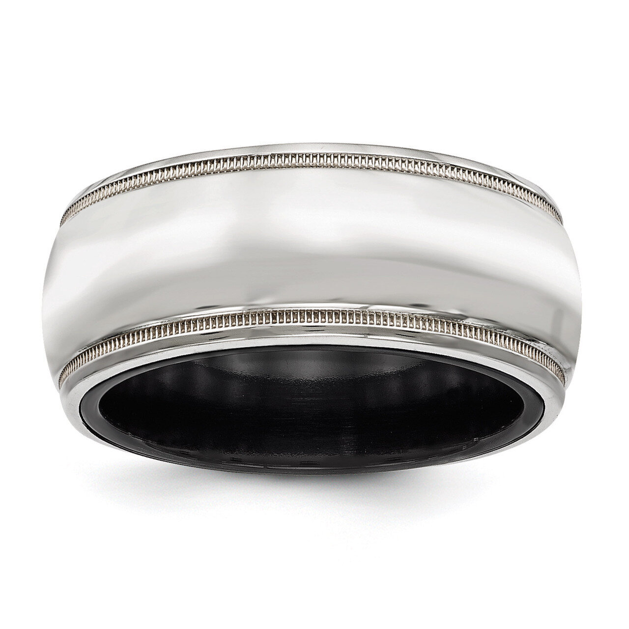 Edward Mirell Black Titanium & Sterling Silver Polished Domed Milgrain Ring EMR281