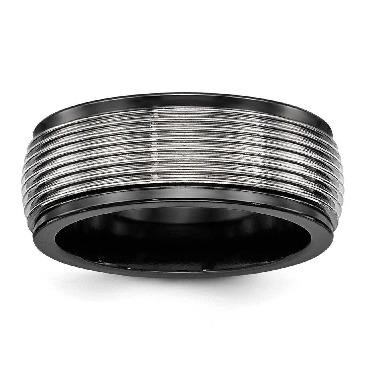 Edward Mirell Black Titanium & Titanium Polished Grooved Ring EMR289