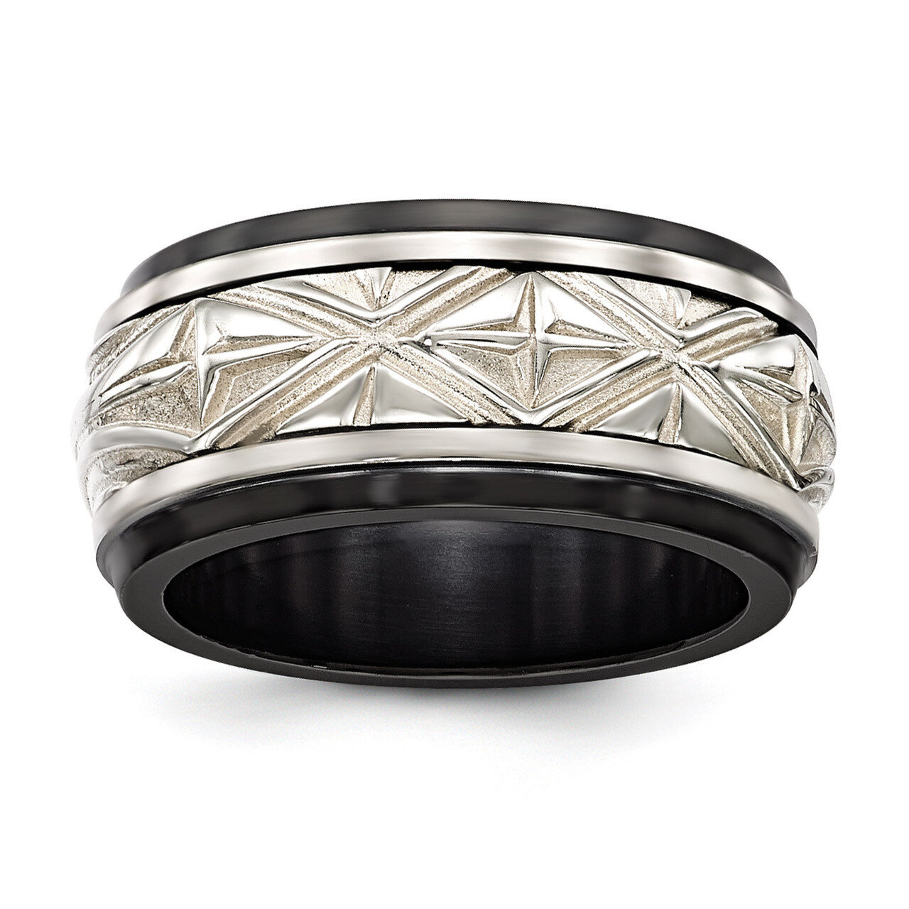 Edward Mirell Black Titanium & Sterling Silver Inlay Polished Fancy Design Ring EMR295