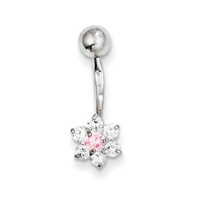 Synthetic Diamond Flower Pink Center Belly Dangle 10k White Gold 10BD139